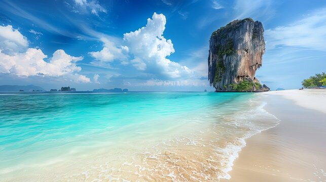 A serene seascape featuring a blue sky, white sandy beach, and limestone islands, such as Ko Poda Island in Krabi, Thailand, offering a picturesque tropical escape.