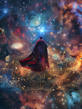 A skywalker in a red cloak stands at the center of a giant compass shaped by sacred geometry symbols, holding a book, surrounded by a vortex of stars and galaxies with light rays emanating in all dire