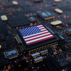 Flag of USA on a processor, CPU or Chip