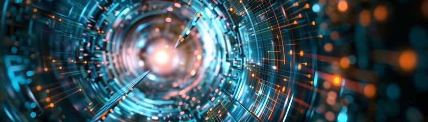 Leading synchrotron light, quantum physics theories, top view, showcasing scientific progress, digital tone, Colored Pastel