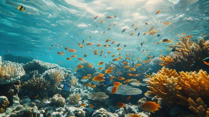 Naklejka premium An underwater scene featuring vibrant coral reefs and diverse marine life, set in the Surin Islands of Thailand.