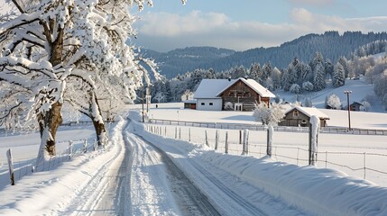 A picturesque winter landscape in the Mostviertel region of Austria, featuring snow-covered fields and rolling hills, creating a serene and enchanting scene.