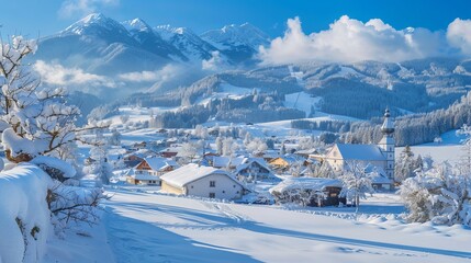 A picturesque winter landscape in the Mostviertel region of Austria, featuring snow-covered fields and rolling hills, creating a serene and enchanting scene.