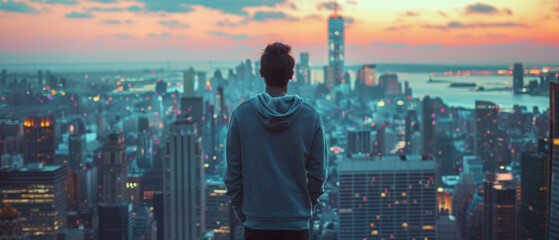 A man in a sweatshirt stands high above a blurred city skyline against a serene sky background.