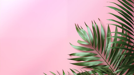 Summer gentle background, banner for shops. Summer vibe. Tropical plants. A combination of pink, blue, green. Banner. Summer. Clean background. Minimalism. Wallpaper