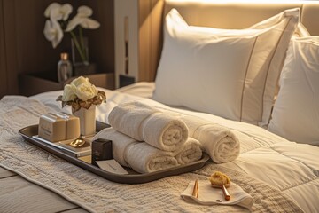 Details of small luxury items in the room, such as a chocolate or a welcome note on the pillow, towels folded in special shapes, emphasizing personalized guest experience 
