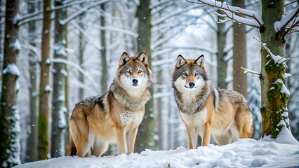 Fototapeta premium Two Wolves in snow forest background