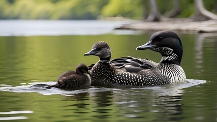 A mature loon tending to its fledgling in a placid lakeside scene with room for text or images. Duplicate the image of space. Location for text and design additions