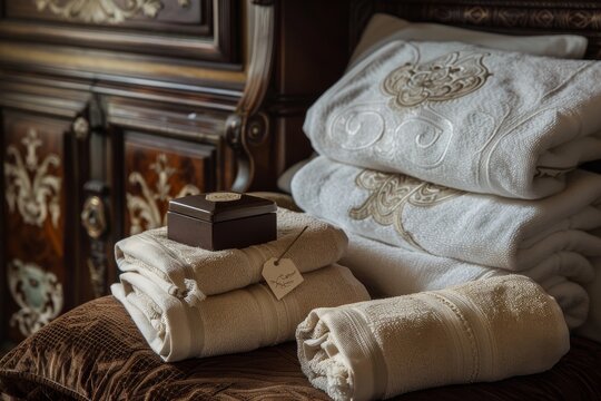 Details of small luxury items in the room, such as a chocolate or a welcome note on the pillow, towels folded in special shapes, emphasizing personalized guest experience 