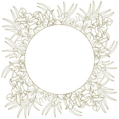 Jasmine flower and palm leaves line art circle frame for card, invite, scrapbook or wallpaper. Delicate tropical flower wreath, vector background