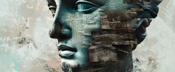 A Creative Collage Of The Head Of A Statue With A Phrase From Newspaper Letters, Blending Historical And Modern Elements,High Resolution, Ultra HD