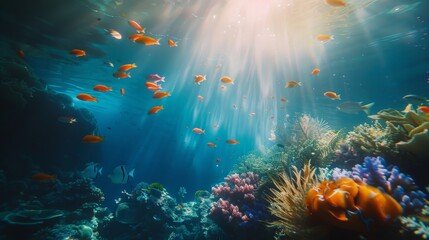 Create a whimsical underwater scene, with colorful fish, coral reefs, and the play of light filtering through the water's surface.