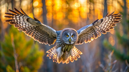 Great gray owl flying in the morning light. Rare bird of prey