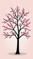 Obraz premium A pink and white background with a black silhouette of a flowering tree with pink blossoms.