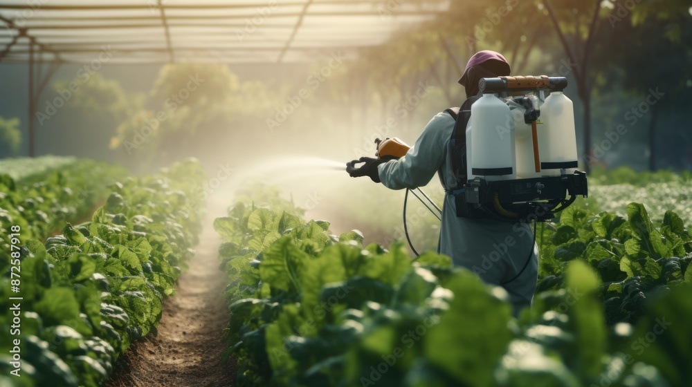 Wall mural farmer spraying crops in a greenhouse with pesticide or fertilizer. concepts. agriculture, farming, 