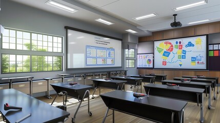 Contemporary classroom design with sleek black desks and a large interactive whiteboard