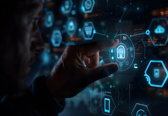 ERP is an enterprise resource planning concept. Connections between business intelligence, HR, and CRM modules. Businessman analyzing ERP system on virtual screen design