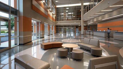 Contemporary high school lobby featuring sleek furniture and a neutral color palette