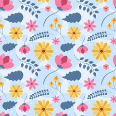 Floral Seamless Pattern Design Illustration with Blooming Branches and Leaf Flower in Hand-Drawn Cartoon Style Template