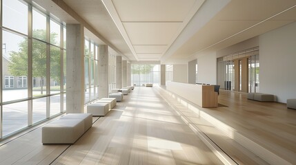 Contemporary high school lobby with light wooden floors and minimalist seating