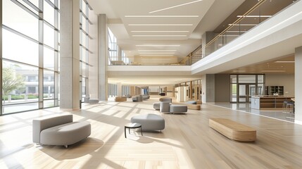 Fototapeta premium Contemporary high school lobby with light wooden floors and sleek furniture