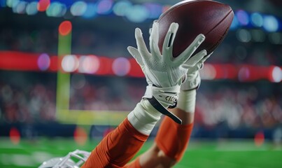 A football player's hands catching the ball mid-air, with the field and goalposts in the background