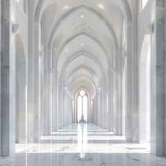 A long white marble hallway with arched columns and a vaulted ceiling.