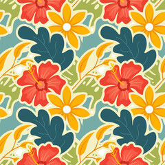 Floral Seamless Pattern Design Illustration with Blooming Branches and Leaf Flower in Hand-Drawn Cartoon Style Template