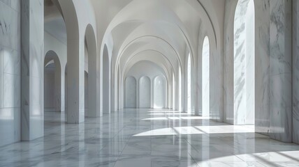 The image is of a long hallway with marble columns and arches. The floor is made of marble and the walls are made of white marble. The hallway is lit by sunlight streaming in from the windows.