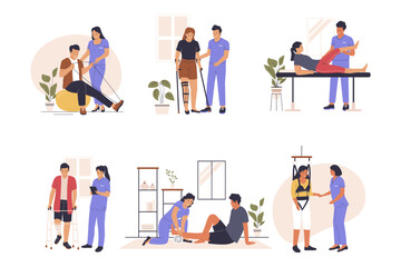 Physiotherapy rehabilitation vector illustration collection set. Illustration for websites, landing pages, mobile applications, posters and banners. Trendy flat vector illustration
