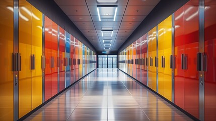 Contemporary school hallway with sleek, vibrant lockers