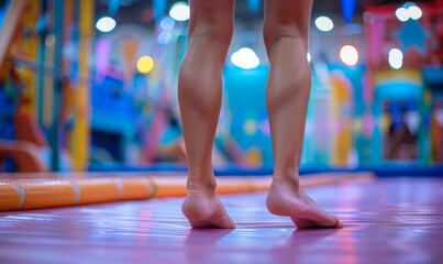 Naklejka premium A gymnast's legs and arms on a balance beam, with the gymnasium in the background