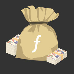 Aruban Florin Vector Illustration. Aruba, Netherlands money set bundle banknotes. Money bag 500 AWG. Flat style. Isolated on white background. Simple minimal design.