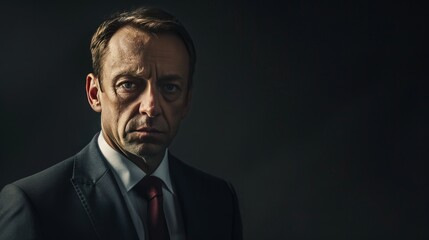 Fototapeta premium Create an intense portrait of a lawyer in a suit, their expression firm and authoritative, with a dark background that underscores their role in seeking justice and truth.