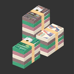 Aruban Florin Vector Illustration. SAruba, Netherlands money set bundle banknotes. Paper money 50, 100, 200, 500 AWG. Flat style. Isolated on white background. Simple minimal design.