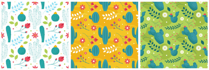 Floral Seamless Pattern Design Illustration with Blooming Branches and Leaf Flower in Hand-Drawn Cartoon Style Template