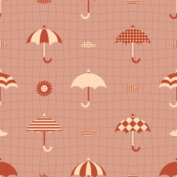 Geometric umbrella on the checkered background seamless pattern. Perfect print for textile, fabric, paper. Retro style vector illustration.