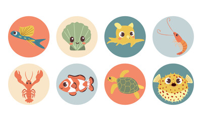 Cute vector sea animals icons in color circles for stickers and icons for children designs .Flat cartoon style , ocean , see animals for social media , book or other design.