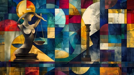 Abstract Lady Justice, scales, and gavel with geometric shapes and bold colors in modern backdrop.