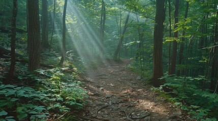A forest path is shown with sunlight shining through the trees