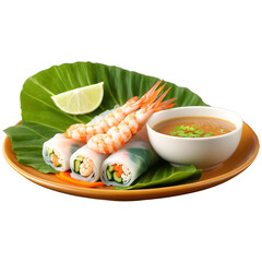 Summer rolls with rice noodles shrimp vegetables and a peanut dipping sauce on a clear