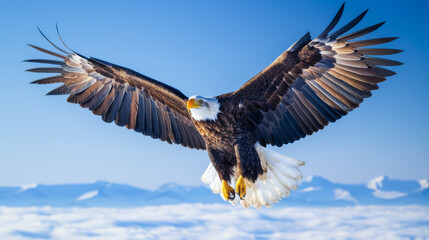 Obraz premium Majestic Bald Eagle Soaring Above Clouds. A majestic bald eagle spreads its wings wide as it soars high above the clouds, symbolizing freedom and power.
