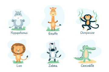 Fototapeta premium Childrens cute animal set. African animals, wildlife. Cute character. Flat vector illustration for children