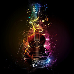 An abstract depiction of a guitar on a dark black background, accompanied by waves of colorful musical notes flying from it.