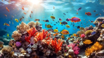 Obraz premium Vibrant coral reef with colorful fish swimming over it in the sunlight