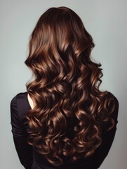 Fototapeta premium A young woman with long, shiny, brown curly hair is seen from behind. This photo shows the elegance and charm of her hair color and texture.