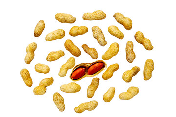 Roasted peanuts in shell on white background.