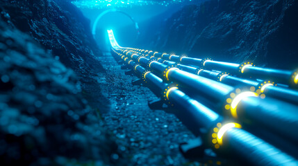 Underwater Data Cables in Deep Sea. Underwater data cables running through the deep sea, showcasing the infrastructure that supports global internet connectivity and communication.