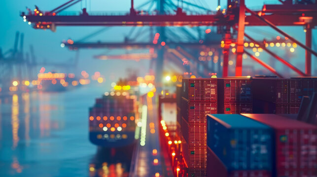 Busy Shipping Port at Dusk. A bustling shipping port at dusk, with cranes and containers illuminated by colorful lights, depicting international trade and logistics.