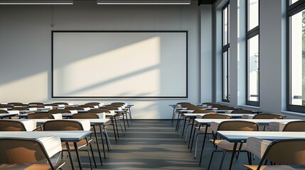 Empty classroom featuring streamlined furniture and a large whiteboard